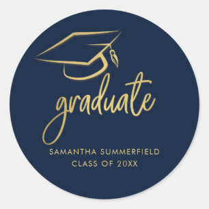 Modern Graduation Script 2024 Grad Cap Navy Blue Classic Round Sticker
