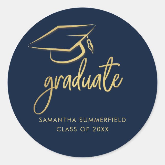 Modern Graduation Script 2024 Grad Cap Navy Blue Classic Round Sticker (Front)