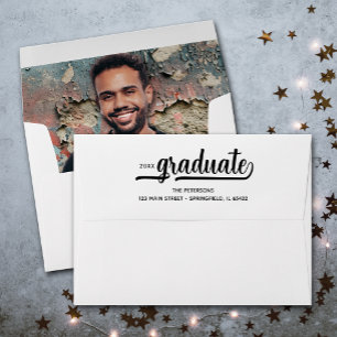 Modern Graduation Script Black Photo Lined Envelope
