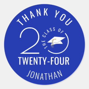 Modern Graduation THANK YOU Class Year Royal Blue Classic Round Sticker