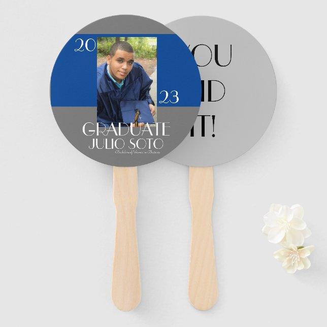 Modern Graduation Typography 2023 Photo Blue Hand Fan (Front and Back)