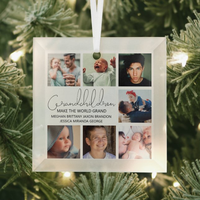 Modern Grandchildren Photo Collage Glass Ornament (Insitu)