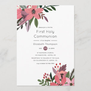 Modern Grandeur Plum & Pink Floral Holy Communion Invitation
