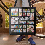 Modern Grandma 21 Photo Collage Custom Colours Tote Bag<br><div class="desc">Easily create a modern photo memories keepsake tote bag for a grandmother utilizing this easy-to-upload photo collage template with 21 pictures of her grandchildren in various sizes and shapes in your choice of title and background colours (shown in white on black). Makes a meaningful gift for grandma's birthday, Grandparents Day,...</div>