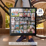 Modern Grandma 21 Photo Collage Custom Colours Tote Bag<br><div class="desc">Easily create a modern photo memories keepsake tote bag for a grandmother utilizing this easy-to-upload photo collage template with 21 pictures of her grandchildren in various sizes and shapes in your choice of title and background colours (shown in white on black). Makes a meaningful gift for grandma's birthday, Grandparents Day,...</div>