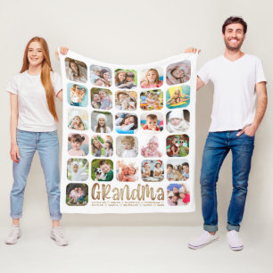 Modern GRANDMA 27 Photo Collage Personalized White Fleece Blanket