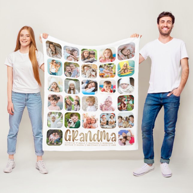 Modern GRANDMA 27 Photo Collage Personalized White Fleece Blanket (In Situ)