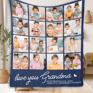 Modern Grandma Custom Navy Blue 16 Photo Collage Fleece Blanket