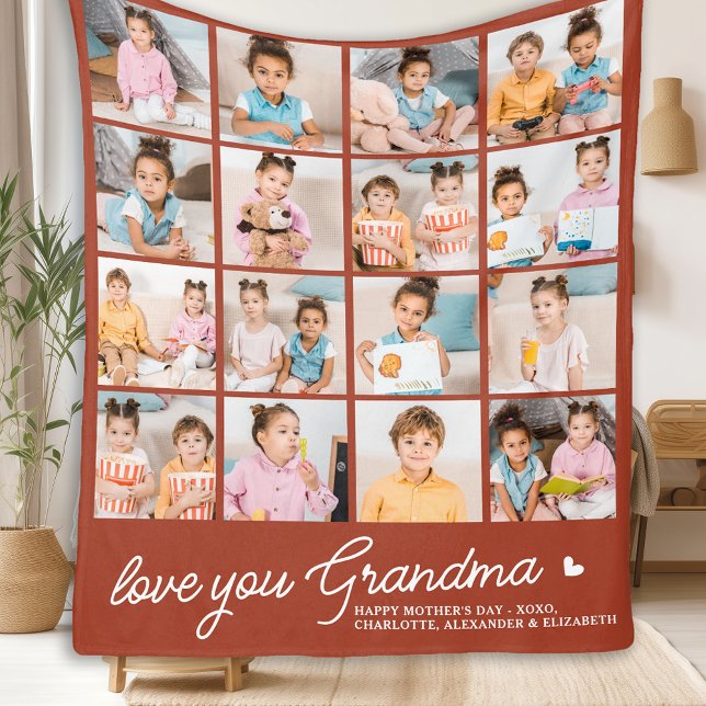 Modern Grandma Custom Terracotta 16 Photo Collage  Fleece Blanket (Creator Uploaded)