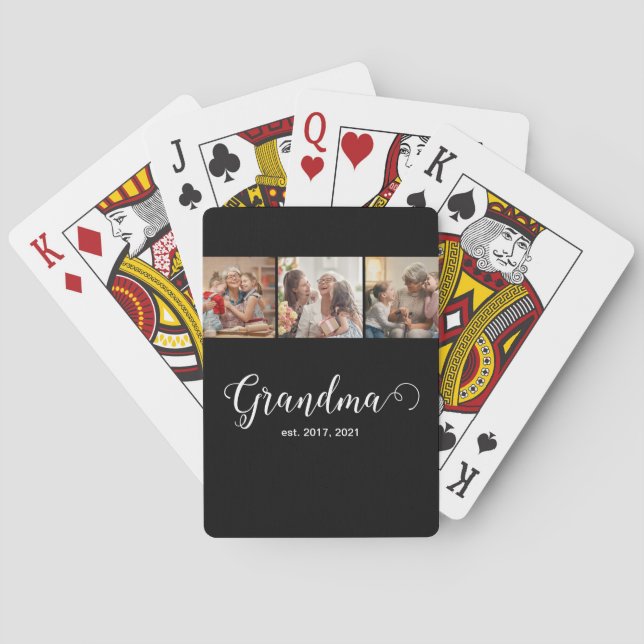 Modern Grandma Established 3 Photo White Script Playing Cards (Back)