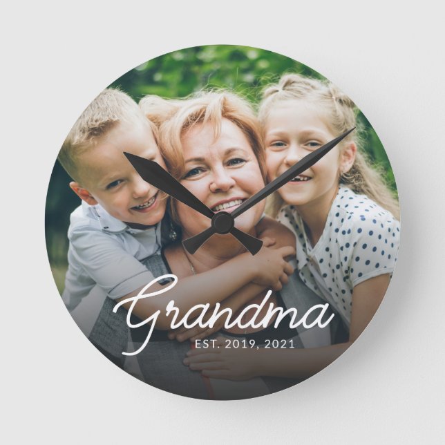 Modern Grandma Established Script Photo Round Clock (Front)