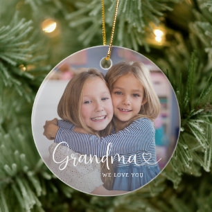 Modern Grandma We Love You Cute Heart 2 Photo Ceramic Ornament