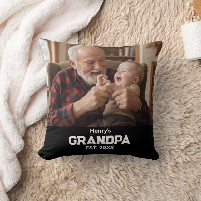 Modern Grandpa Est. Name Year Photo Black Throw Pillow (Blanket)