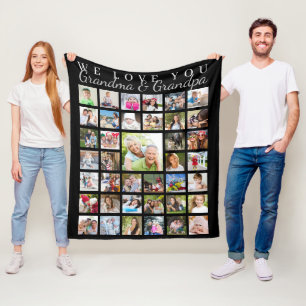 Modern Grandparents Photo Collage Black Fleece Blanket