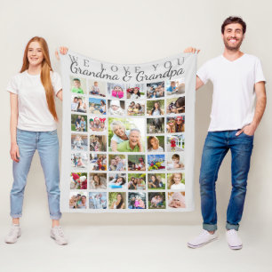 Modern Grandparents Photo Collage Grey Fleece Blanket