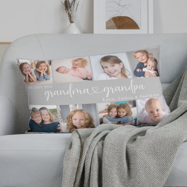 Modern Grandparents Photo Collage Heart Script Lumbar Pillow (Creator Uploaded)