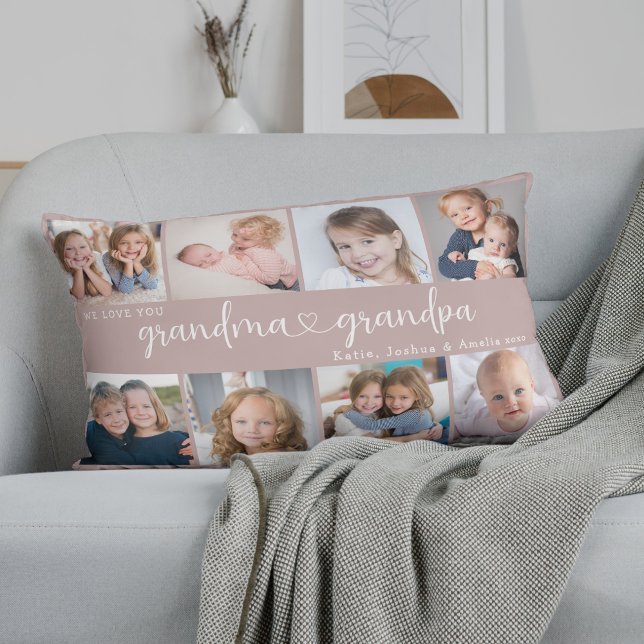 Modern Grandparents Photo Collage Heart Script Lumbar Pillow (Creator Uploaded)