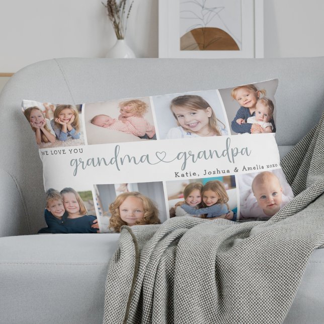 Modern Grandparents Photo Collage Heart Script Lumbar Pillow (Creator Uploaded)