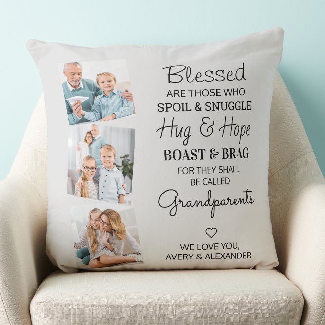 Modern Grandparents Poem 3 Photo Silver Grey Throw Pillow (Creator Uploaded)