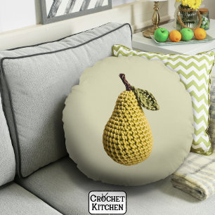 Modern Granny Yellow Green Crochet Pear Fruit Round Pillow