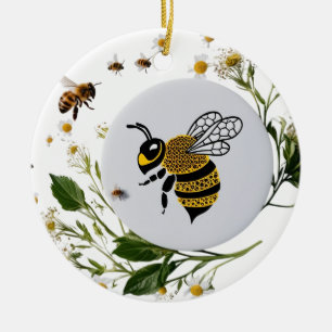 Modern Graphic Bee Botanical Wreath Ceramic Circle Ornament
