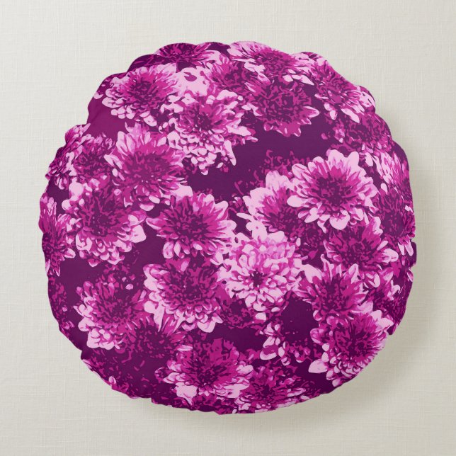 Modern Graphic Dahlia Pattern, Amethyst Purple Round Pillow (Front)