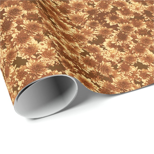 Modern Graphic Dahlia Pattern, Brown and Gold Wrapping Paper (Roll Corner)