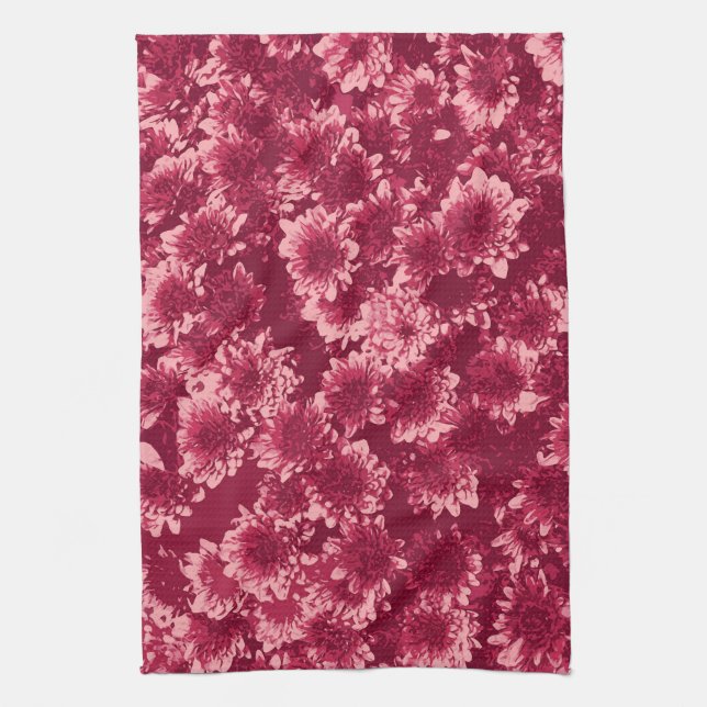 Modern Graphic Dahlia Pattern, Burgundy and Pink Kitchen Towel (Vertical)