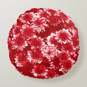 Modern Graphic Dahlia Pattern, Dark Red and White Round Pillow
