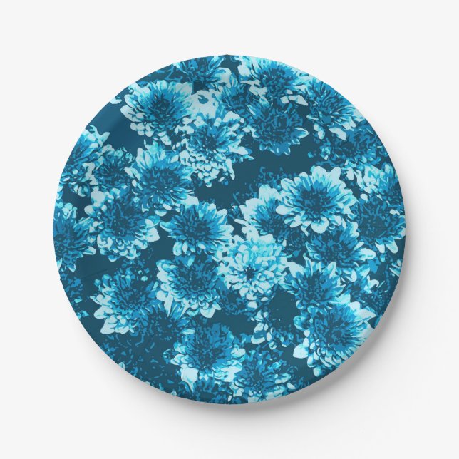 Modern Graphic Dahlia Pattern, Indigo Blue Paper Plate (Front)