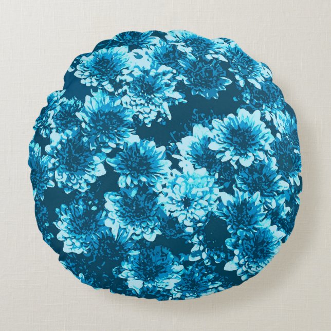 Modern Graphic Dahlia Pattern, Indigo Blue Round Pillow (Front)