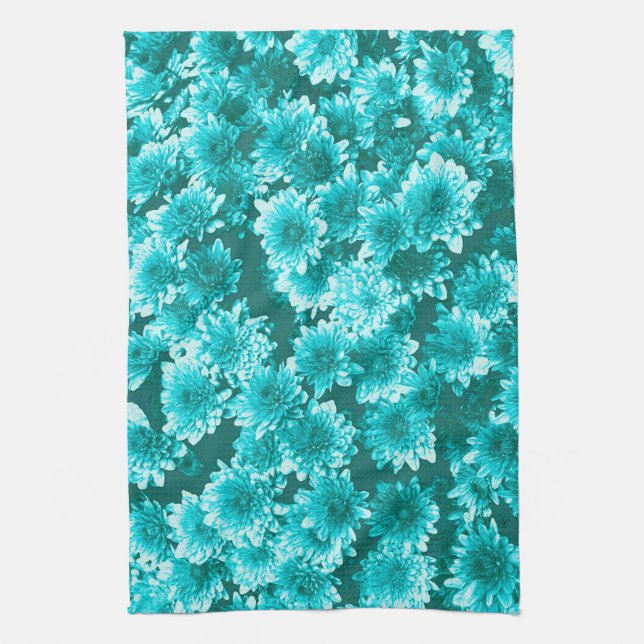 Modern Graphic Dahlia Pattern, Teal and Aqua Kitchen Towel (Vertical)