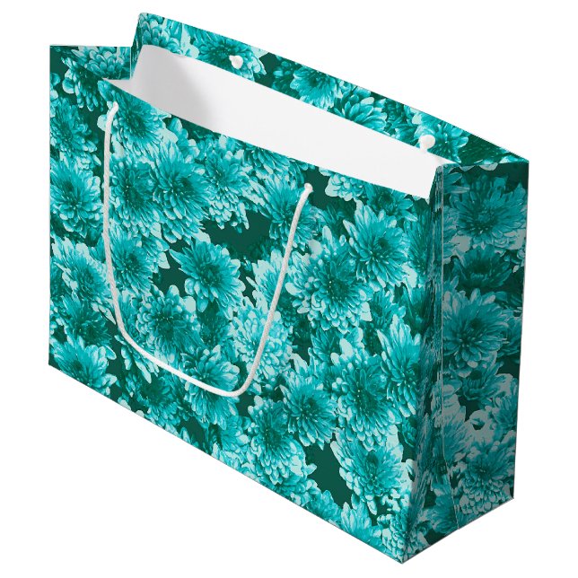 Modern Graphic Dahlia Pattern, Teal and Aqua Large Gift Bag (Front Angled)