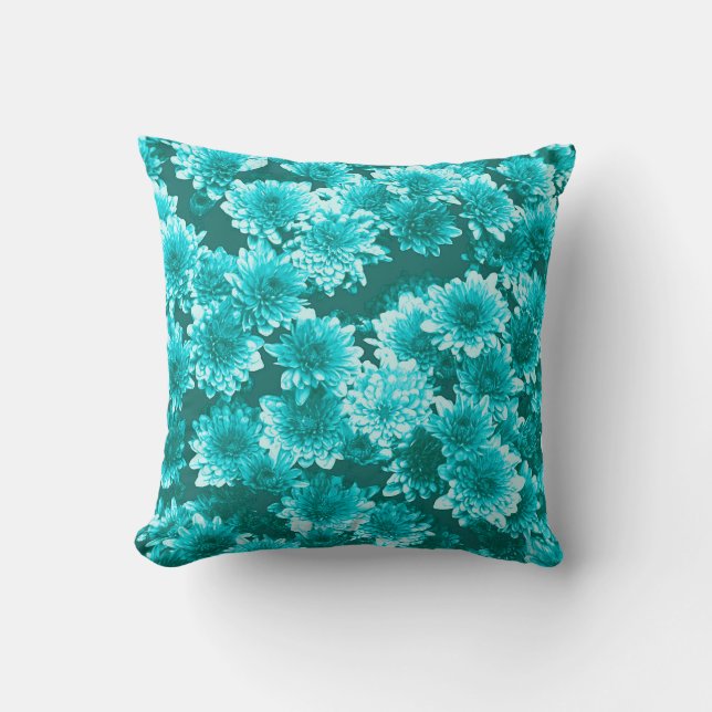 Modern Graphic Dahlia Pattern, Teal and Aqua Throw Pillow (Front)