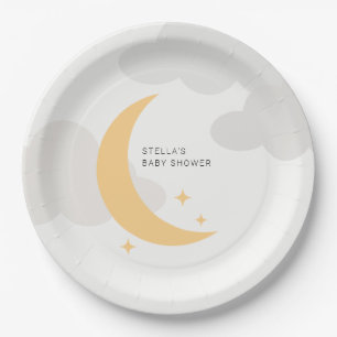Modern Graphic Moon Stars Clouds Baby Shower Paper Plate