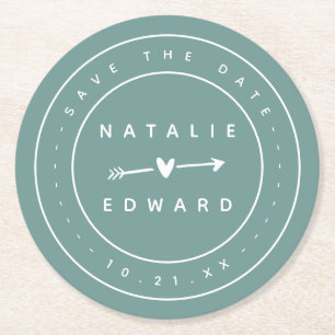 Modern, graphic save the date round paper coaster