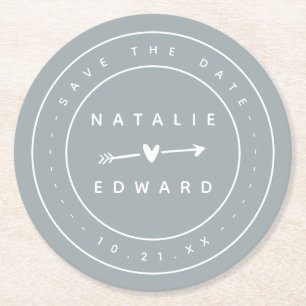 Modern, graphic save the date round paper coaster