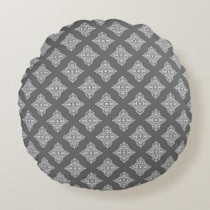Modern Graphite Damask Pattern Round Pillow