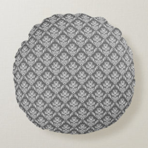 Modern Graphite Damask Pattern Round Pillow