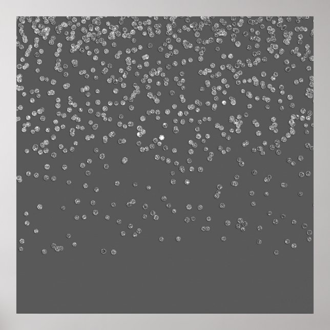 Modern Gray and Faux Silver Glitter Confetti Poster (Front)