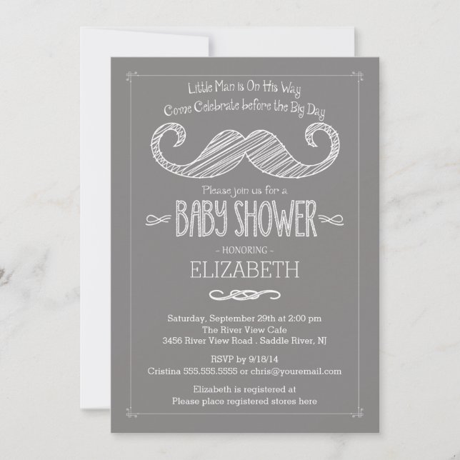 Modern Gray Little Man Mustache Baby Shower Invitation (Front)