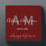 Modern Gray & Red  Monogram Wedding Keepsake  Plaque<br><div class="desc">Nice wedding keepsake for newlyweds that will look great on table or shelf,  perhaps surrounded by framed pictures of their Big Day. Modern fonts in white and gray.  Personalize with a couple's initials / monogram and first names/ wedding date as overlay  on dark red background.</div>