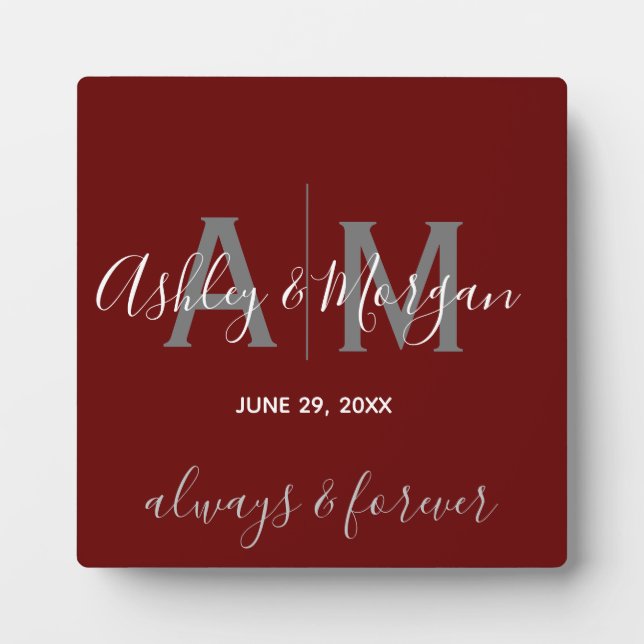 Modern Gray & Red  Monogram Wedding Keepsake  Plaque (Front)