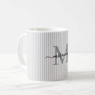 Modern Gray Stripe Monogram Name Coffee Mug
