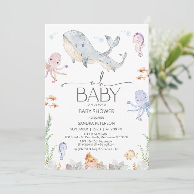 Modern Gray Whale Oh Baby Under Sea Baby Shower Invitation (Standing Front)