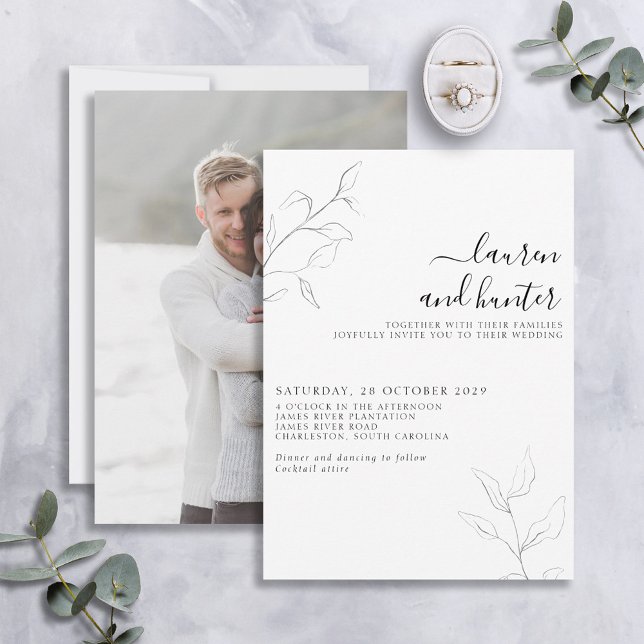 Modern Gray White Script Botanical Photo Wedding  Invitation (Creator Uploaded)