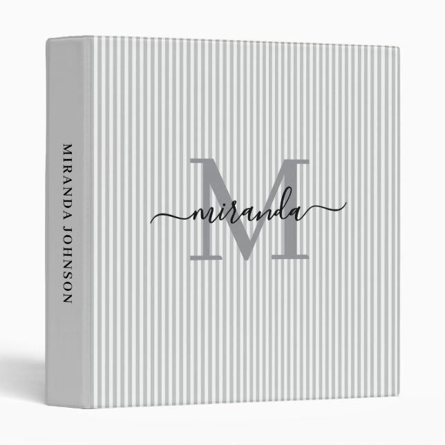 Modern Gray & White Stripes Monogram Name Binder (Front/Spine)