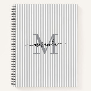Modern Gray & White Stripes Monogram Name Notebook
