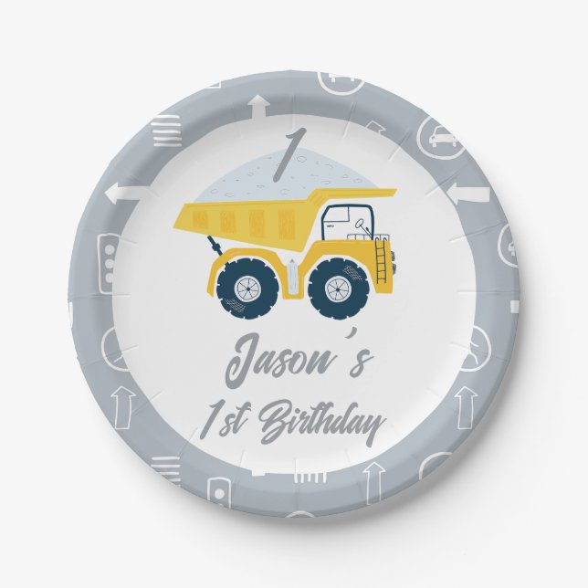 Modern Gray Yellow Dump Truck 1st Birthday Paper Plate (Front)
