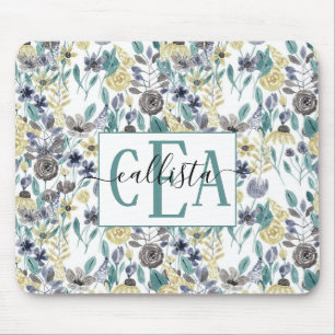 Modern Gray Yellow Floral Watercolor Monogram Mouse Pad